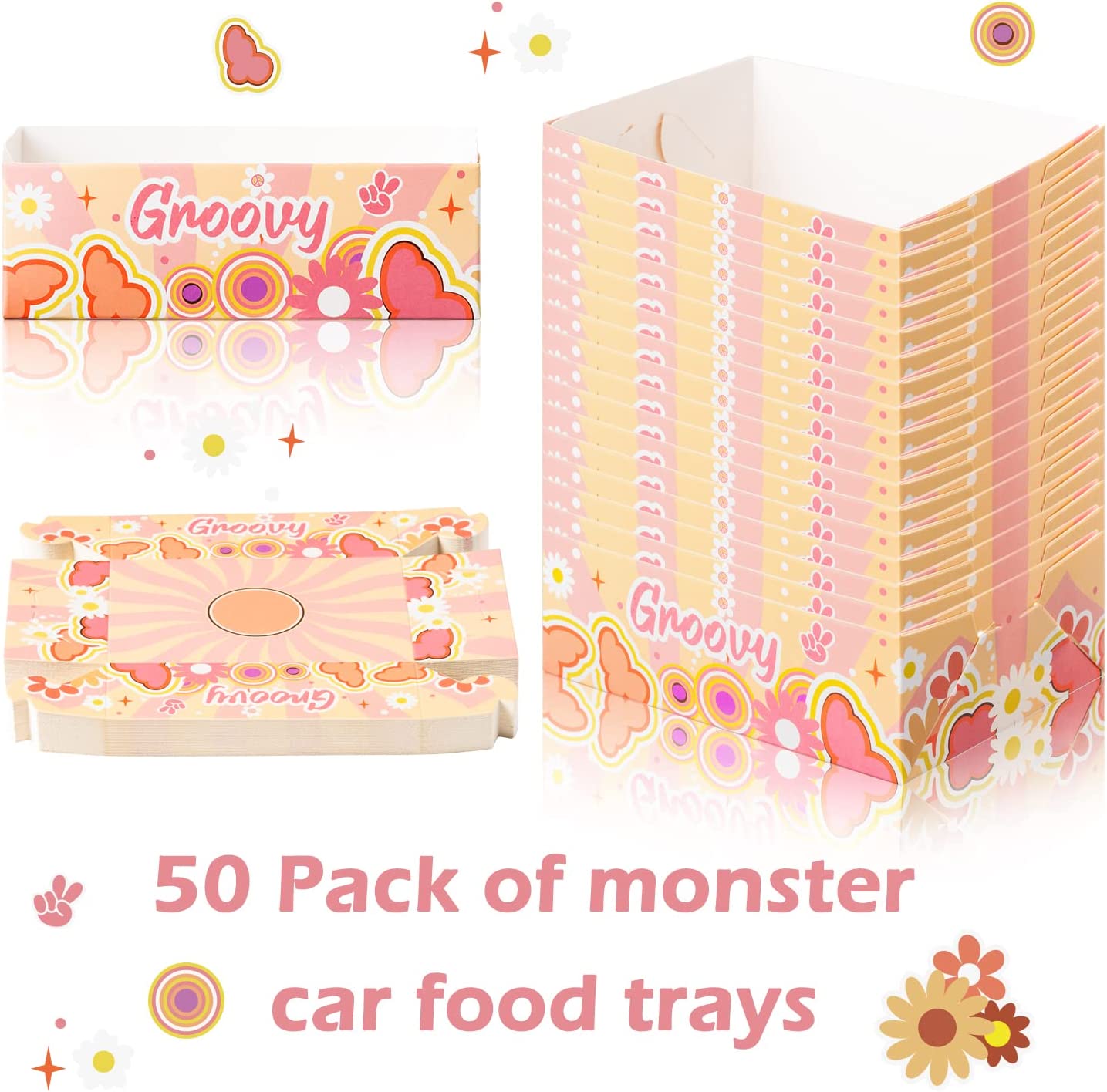 BkeeCten 50PCS Groovy Retro Hippie Party Favors Food Tray Boho Daisy Flower Disposable Paper Food Boat Groovy Rainbow Nacho Hot Dog Food Serving Tray for Girls Birthday Baby Shower Picnic Supply