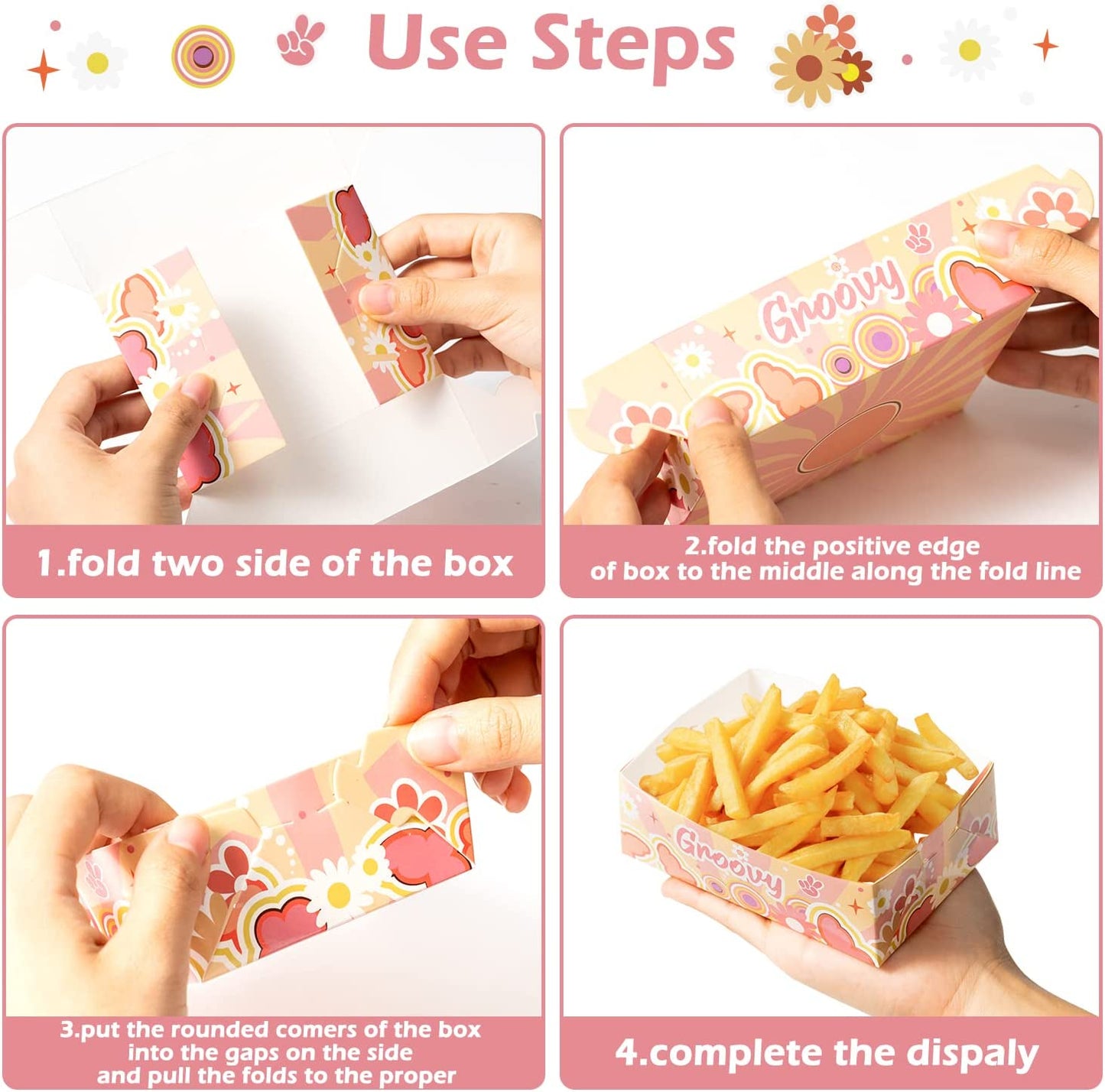 BkeeCten 50PCS Groovy Retro Hippie Party Favors Food Tray Boho Daisy Flower Disposable Paper Food Boat Groovy Rainbow Nacho Hot Dog Food Serving Tray for Girls Birthday Baby Shower Picnic Supply