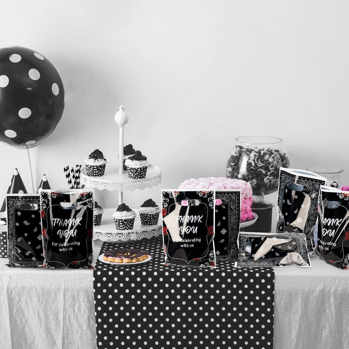 BkeeCten 50PCS Black Bandana Party Favors Bag with Handle Plastic Chicano Thank You Gift Goody Treat Candy Bags Black Western Bandana Return Gift Bags for Old School Cholo Theme Birthday Party Supply