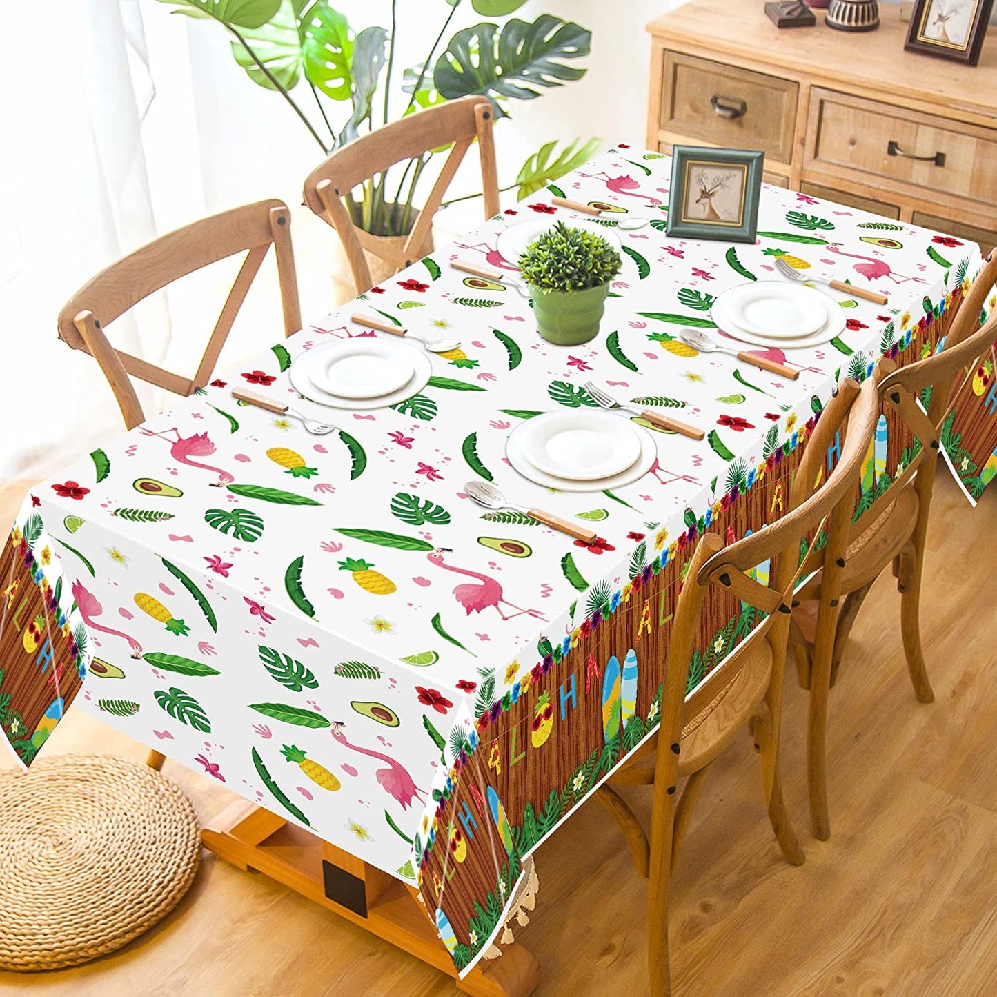 BkeeCten 3PCS Hawaiian Luau Tablecloth for Party Decoration, 54×108 Inch Hawaii Disposable Plastic Table Covers Palm Leaves Pineapple Tablecloth for Summer Beach Birthday Tropical Aloha Party Supply
