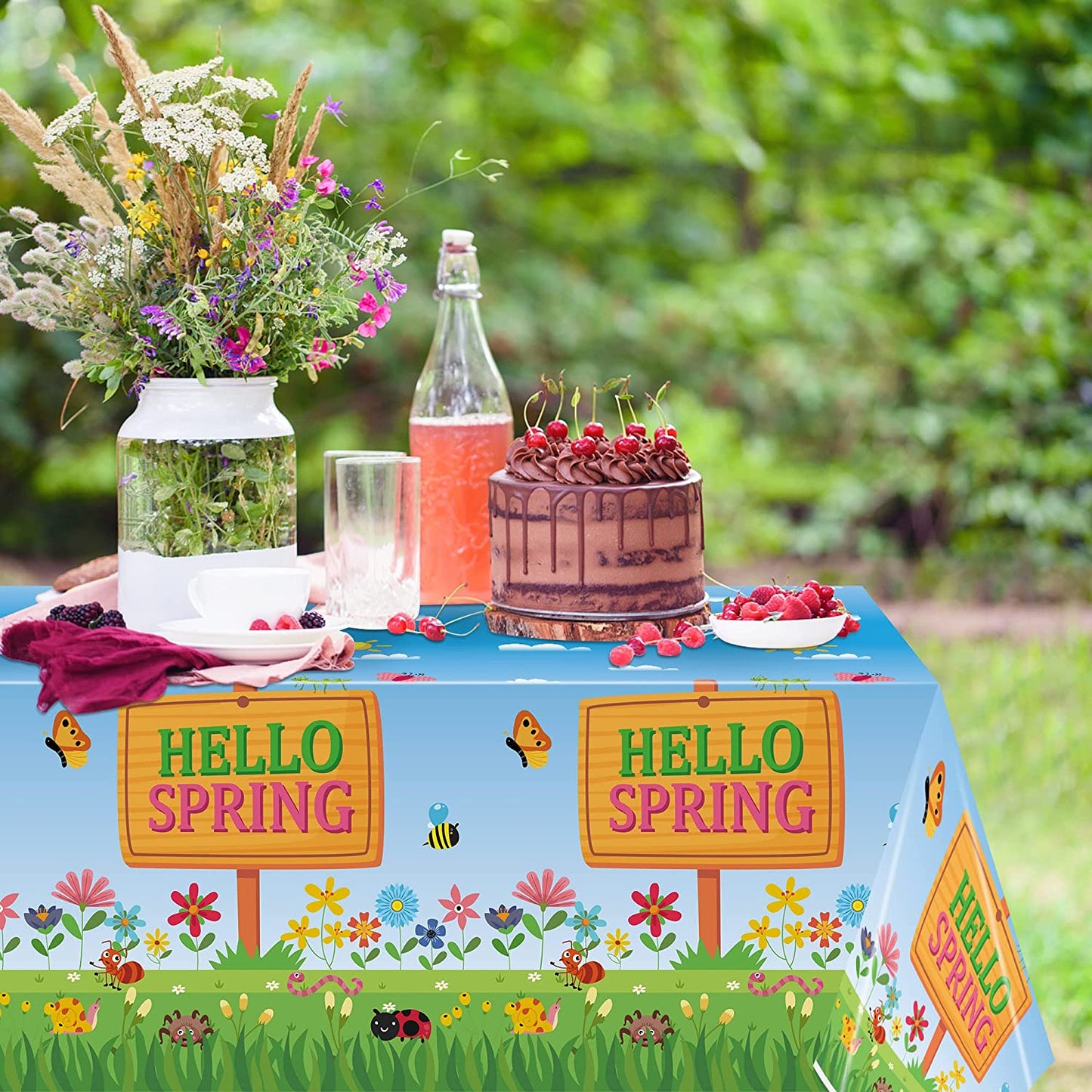 BkeeCten 3 Packs Hello Spring Party Table Covers Decorations Spring Floral Plastic Table Cloths Disposable Waterproof Rectangle Tablecover for Spring Easter Party Kitchen Dinner Table Decor Supplies