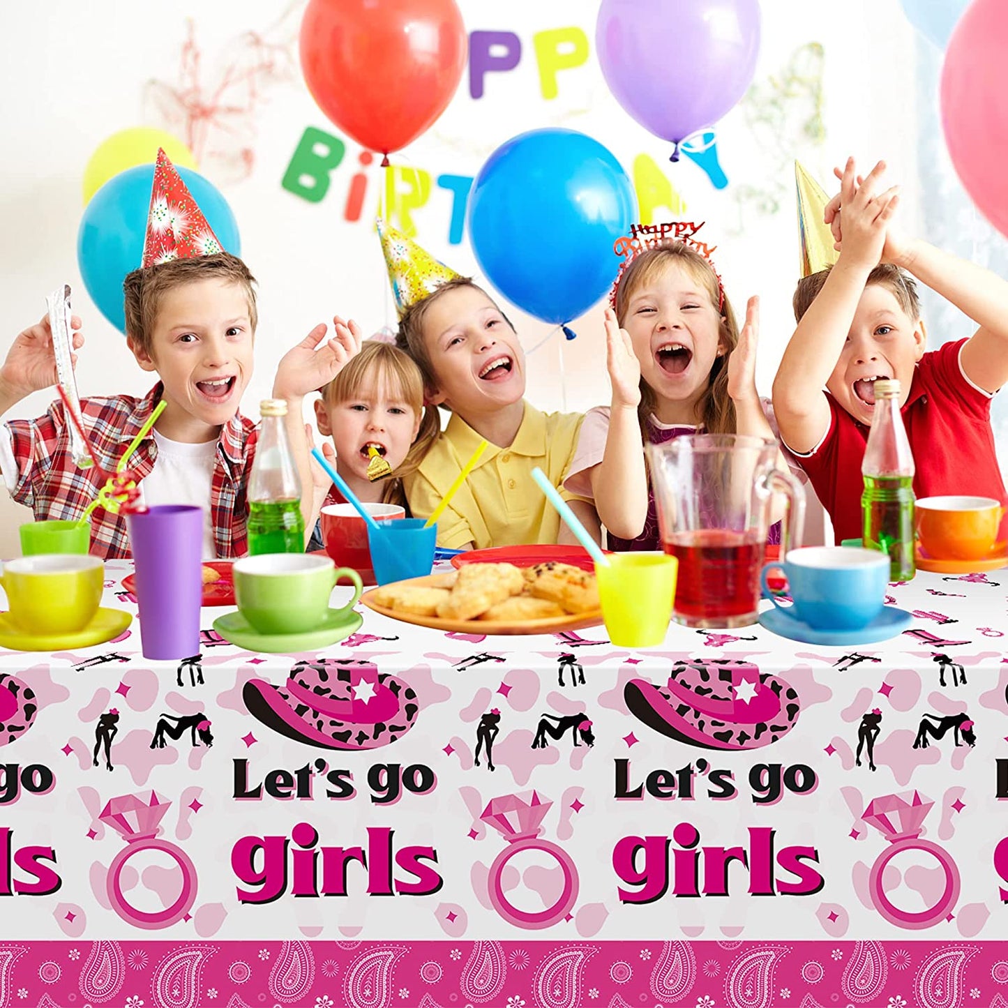 BkeeCten 3 Pack Western Cowgirl Theme Party Tablecover Disposable Let's Go Girls Plastic Tablecloth Pink Horse Tablecloth for Cowgirl Cowboy West Birthday Party Baby Shower Decorations 54x108 Inch