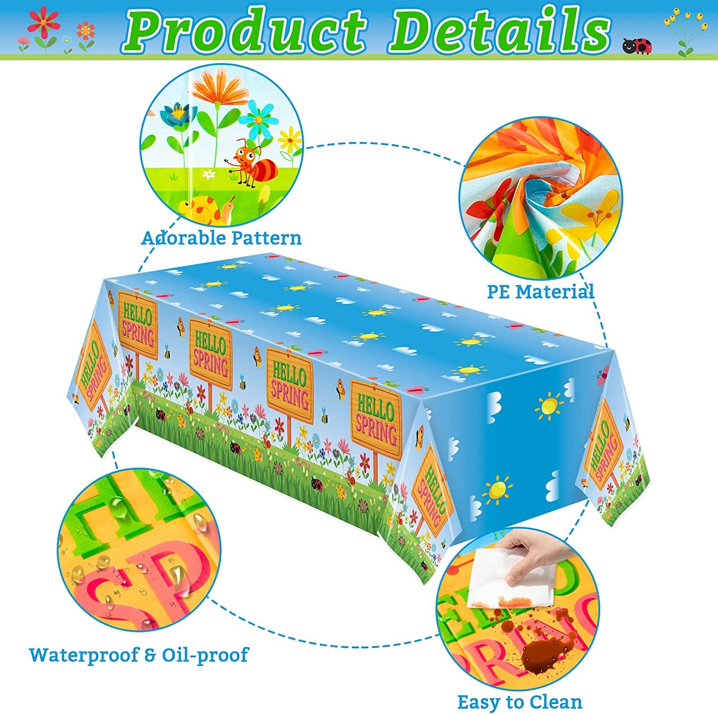BkeeCten 3 Packs Hello Spring Party Table Covers Decorations Spring Floral Plastic Table Cloths Disposable Waterproof Rectangle Tablecover for Spring Easter Party Kitchen Dinner Table Decor Supplies