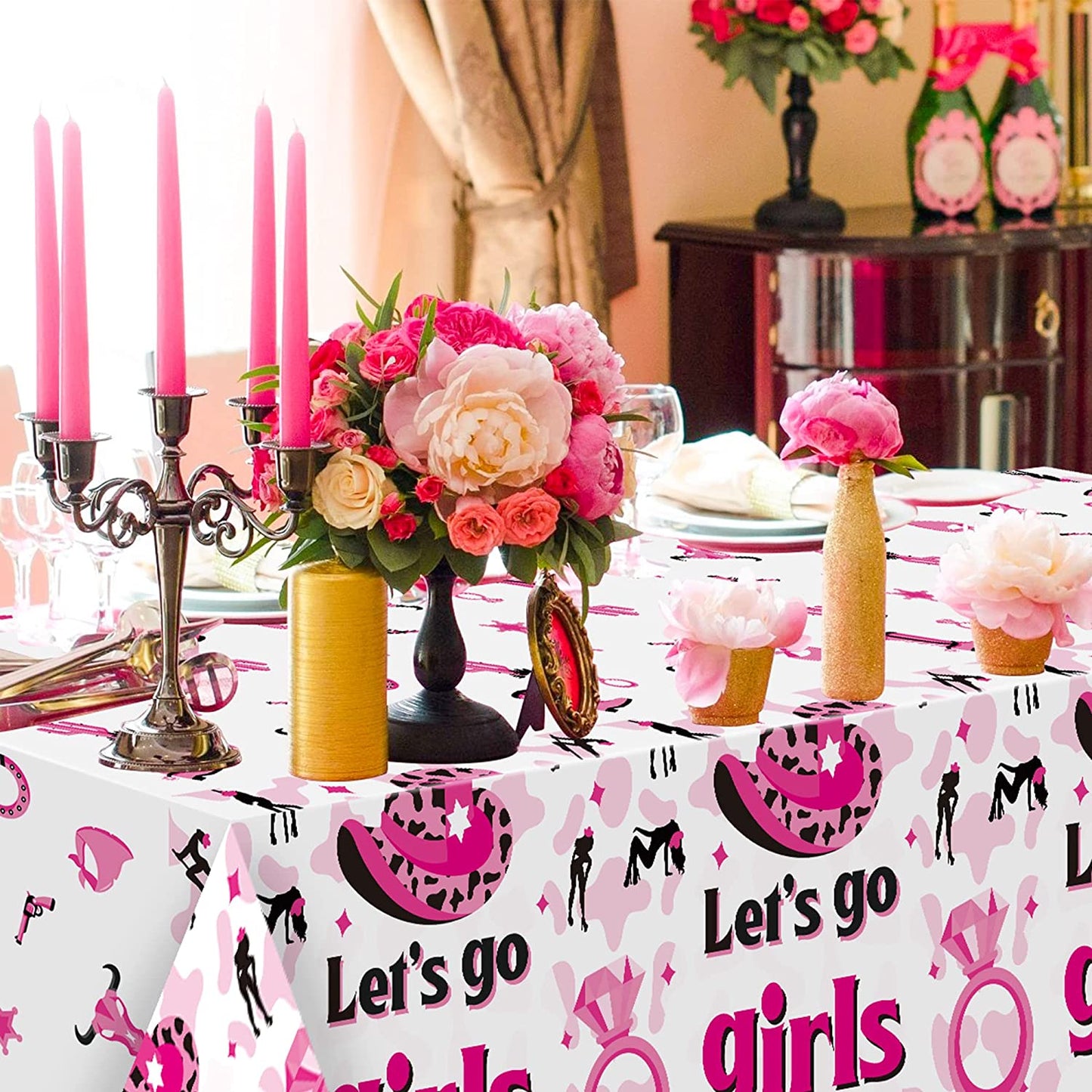 BkeeCten 3 Pack Western Cowgirl Theme Party Tablecover Disposable Let's Go Girls Plastic Tablecloth Pink Horse Tablecloth for Cowgirl Cowboy West Birthday Party Baby Shower Decorations 54x108 Inch