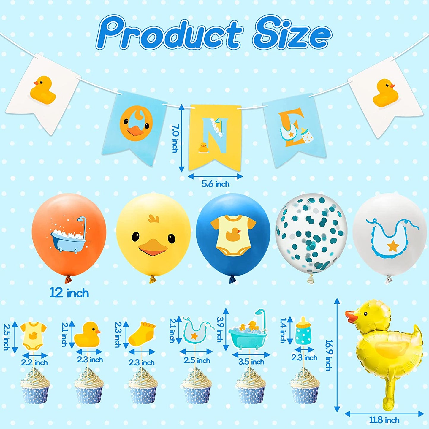 BkeeCten 37PCS Yellow Duck Balloon Decoration Kit ONE Hanging Banner 12Inch Blue Yellow White Latex Balloon Yellow Duck Foil Balloons Cake Topper for Kid First Birthday Newborn Baby Shower Party Decor