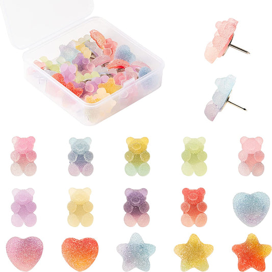 BkeeCten 30PCS Colorful Gummy Bears Push Pins Decorative Translucent Bear Star Heart Shaped Pushpin Resin Thumb Tack for Student Office Home Cork Bulletin Board Photo Wall Posters Thumbtack Supply