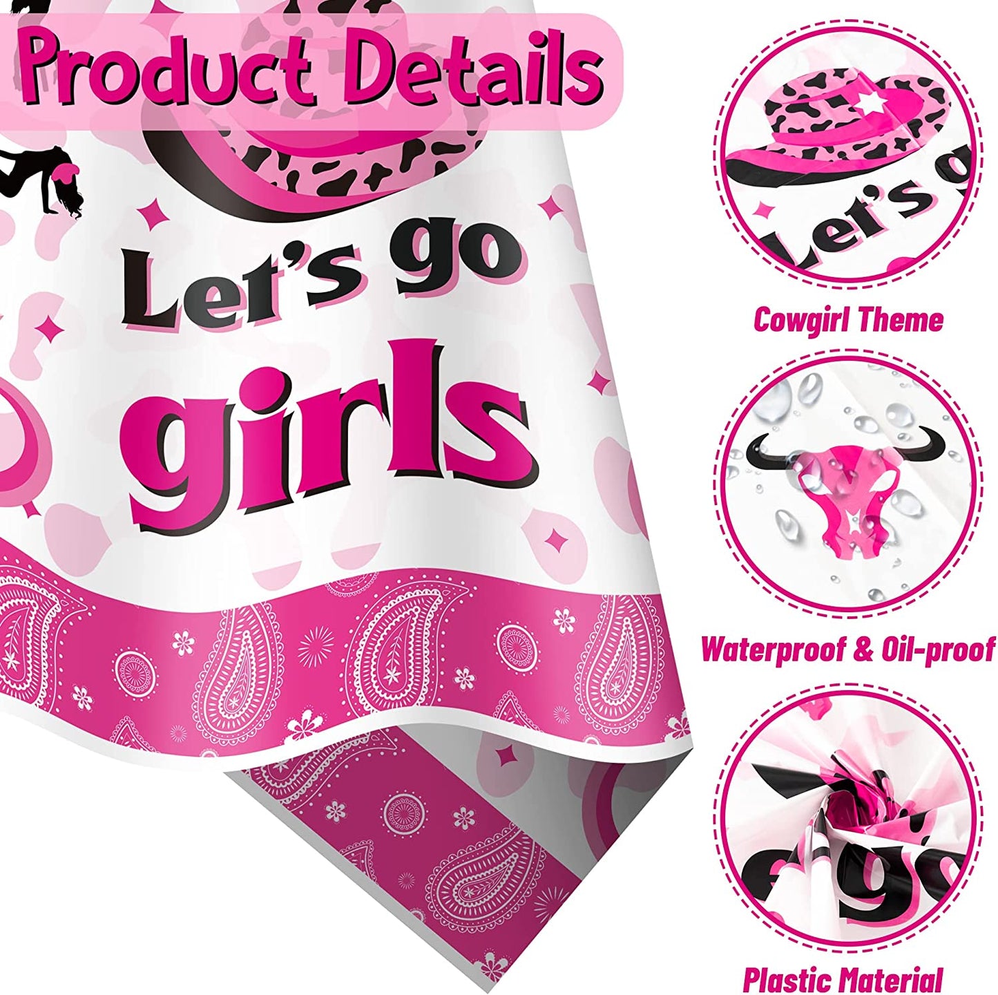 BkeeCten 3 Pack Western Cowgirl Theme Party Tablecover Disposable Let's Go Girls Plastic Tablecloth Pink Horse Tablecloth for Cowgirl Cowboy West Birthday Party Baby Shower Decorations 54x108 Inch
