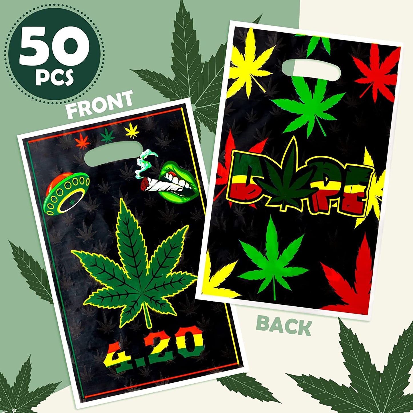 BkeeCten 50PCS Weed Leaves Party Bags with Handle Pot Leaf Theme Plastic Goodie Gift Bag Green Weed Theme Candy Goody Bag Snack Wrapping Bag for 420 Have A Dope Birthday Party Supplies