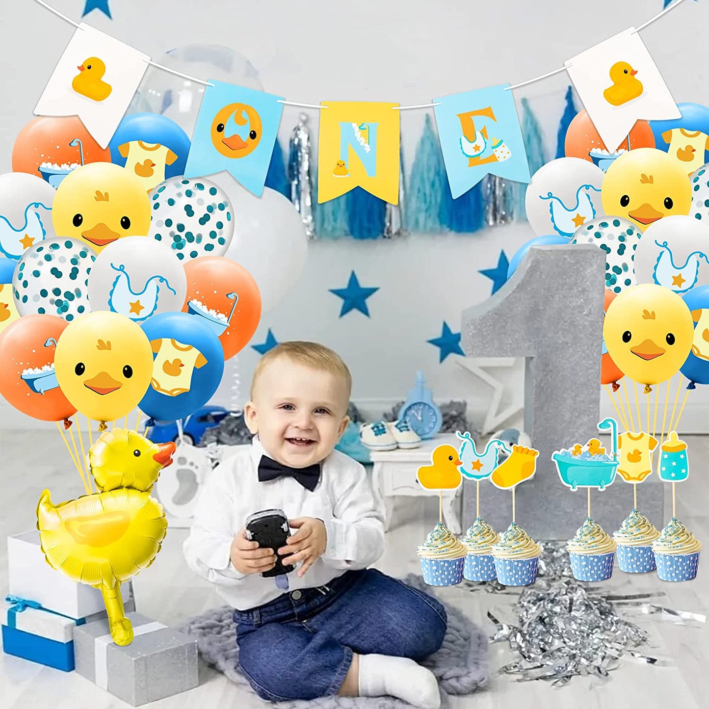 BkeeCten 37PCS Yellow Duck Balloon Decoration Kit ONE Hanging Banner 12Inch Blue Yellow White Latex Balloon Yellow Duck Foil Balloons Cake Topper for Kid First Birthday Newborn Baby Shower Party Decor