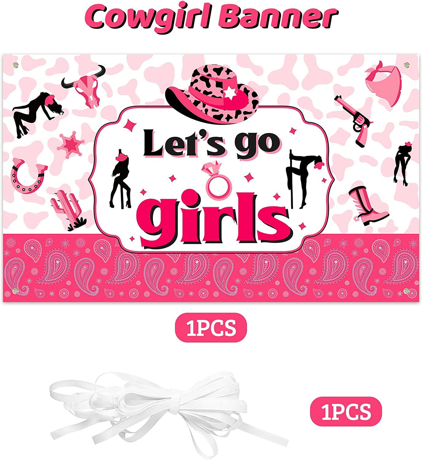 BkeeCten Pink Western Cowgirl Birthday Banner Let’s Go Girls Bachelorette Party Photo Booth Banner Large Fabric Photography Background Banner for Girls Birthday West Cowgirl Cowboy Party Decoration