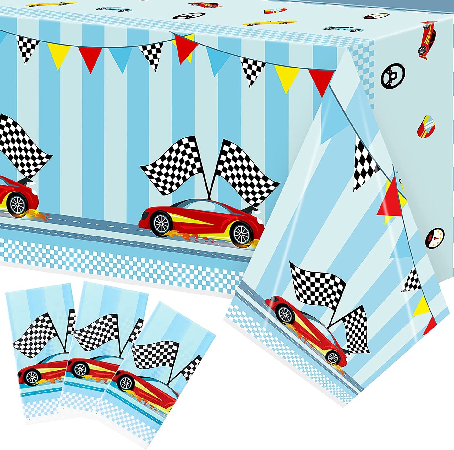 BkeeCten 3PCS Racing Car Party Tablecloth Decoration Checkered Flag Race Car Disposable Plastic Rectangular Table Covers for Kids Boys Birthday Racing Car Party Baby Shower Decor Supplies, 54X108inch
