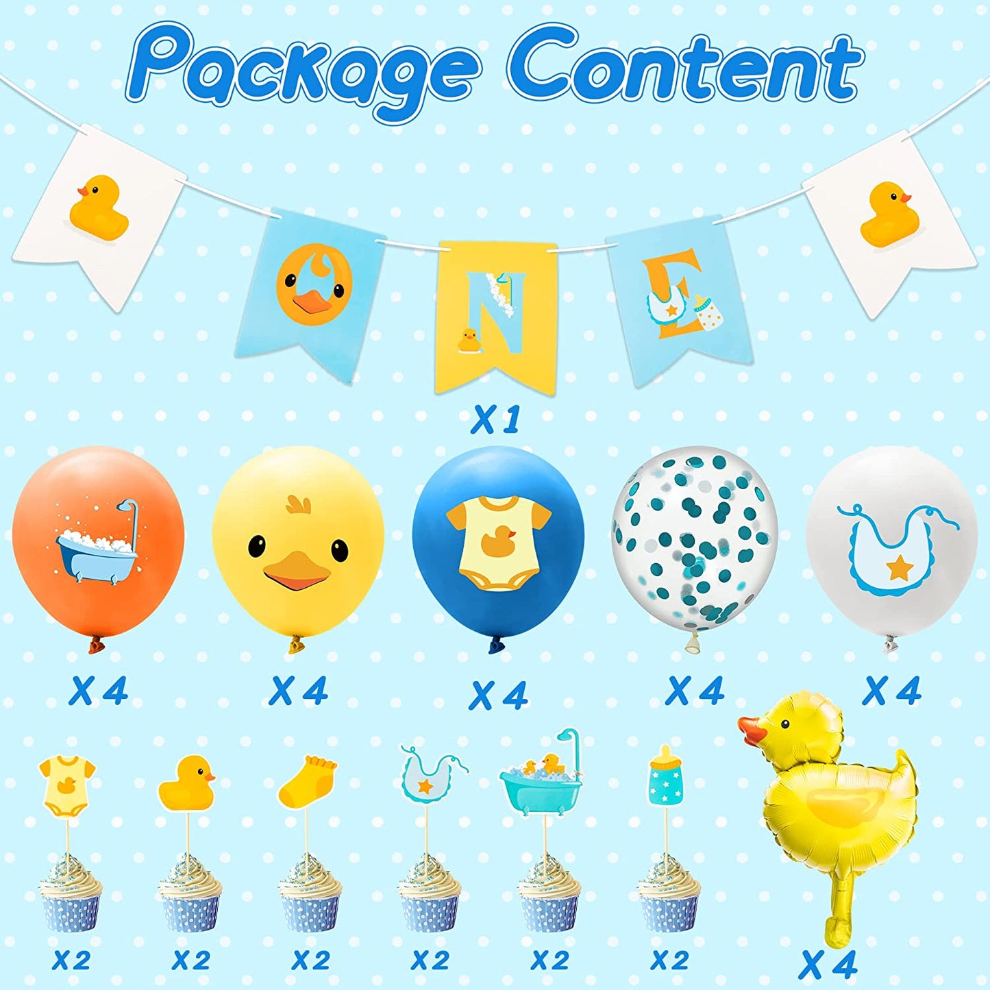 BkeeCten 37PCS Yellow Duck Balloon Decoration Kit ONE Hanging Banner 12Inch Blue Yellow White Latex Balloon Yellow Duck Foil Balloons Cake Topper for Kid First Birthday Newborn Baby Shower Party Decor