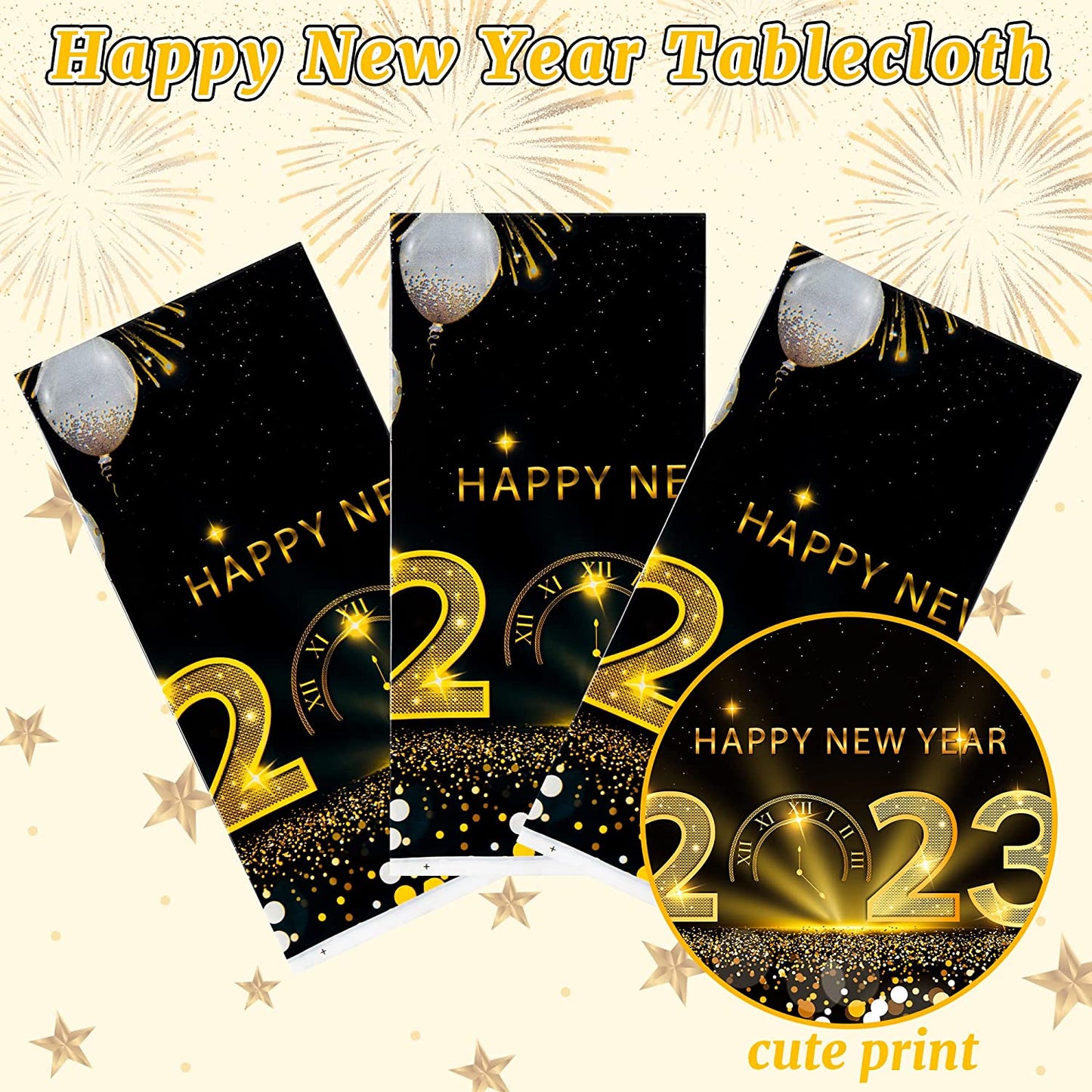 BkeeCten 3Pack 2023 Happy New Year Tablecover New Year Eve Decorations Table Cover Black and Gold Rectangle Disposable Tablecloth for New Year Party Celebration Carnival Party Table Supply, 54x108Inch