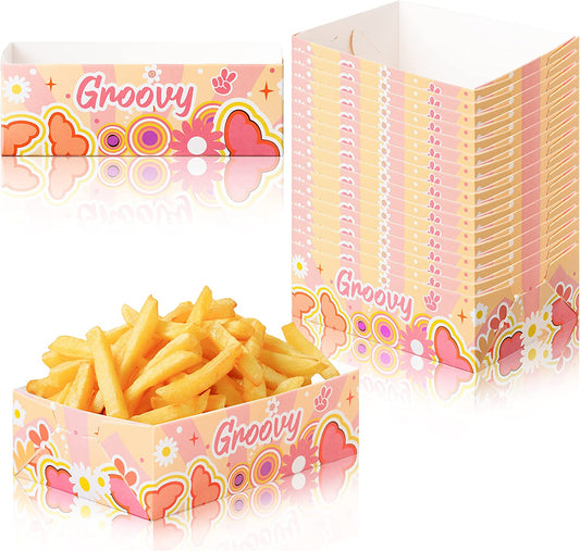 BkeeCten 50PCS Groovy Retro Hippie Party Favors Food Tray Boho Daisy Flower Disposable Paper Food Boat Groovy Rainbow Nacho Hot Dog Food Serving Tray for Girls Birthday Baby Shower Picnic Supply