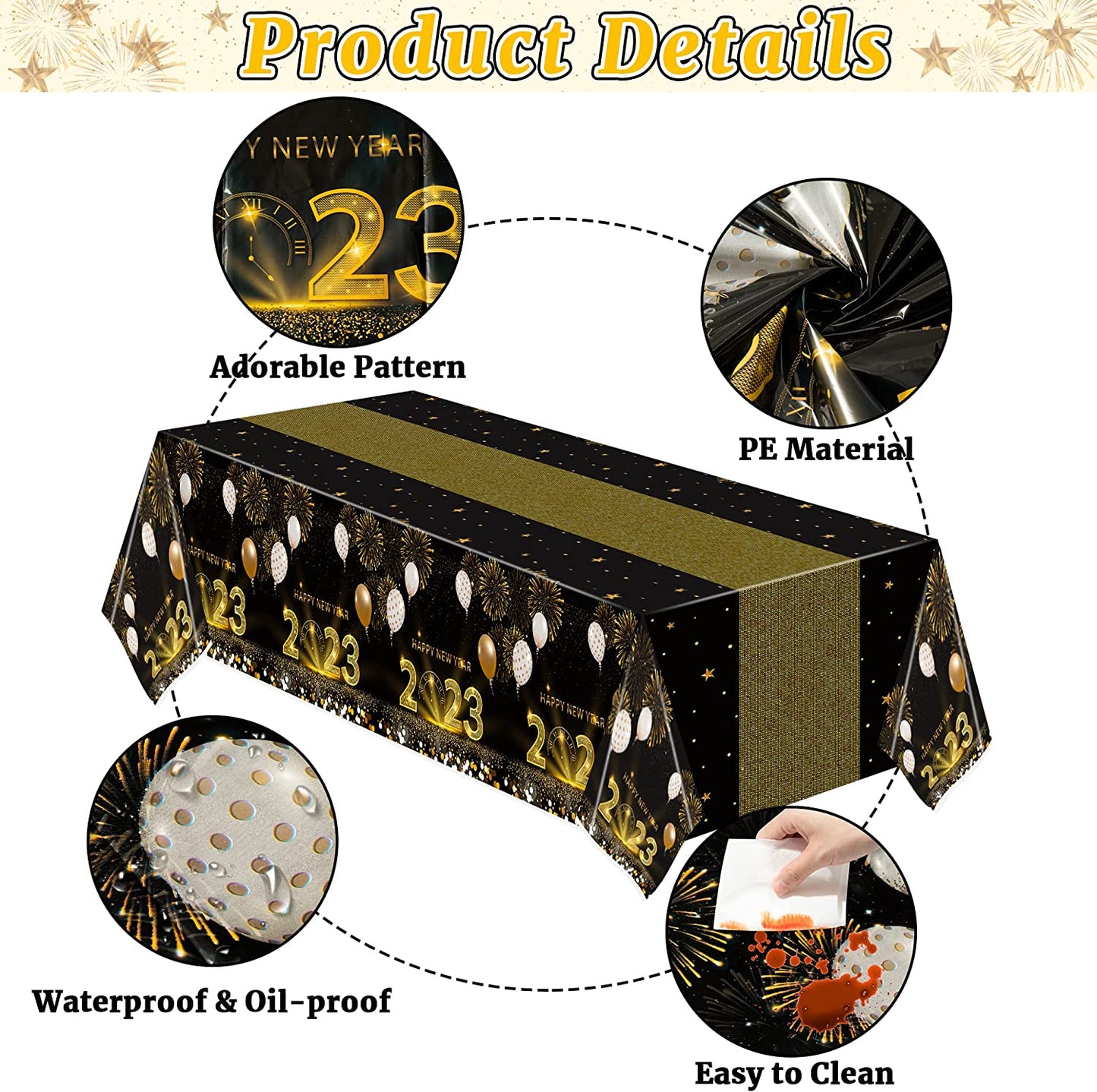 BkeeCten 3Pack 2023 Happy New Year Tablecover New Year Eve Decorations Table Cover Black and Gold Rectangle Disposable Tablecloth for New Year Party Celebration Carnival Party Table Supply, 54x108Inch