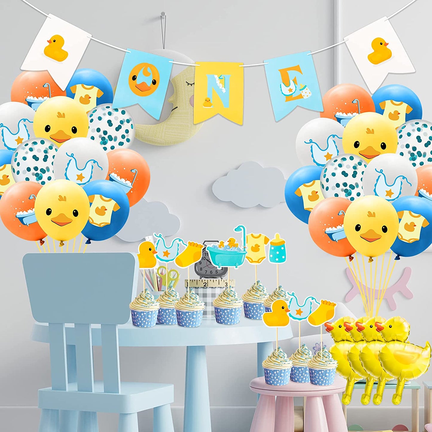 BkeeCten 37PCS Yellow Duck Balloon Decoration Kit ONE Hanging Banner 12Inch Blue Yellow White Latex Balloon Yellow Duck Foil Balloons Cake Topper for Kid First Birthday Newborn Baby Shower Party Decor