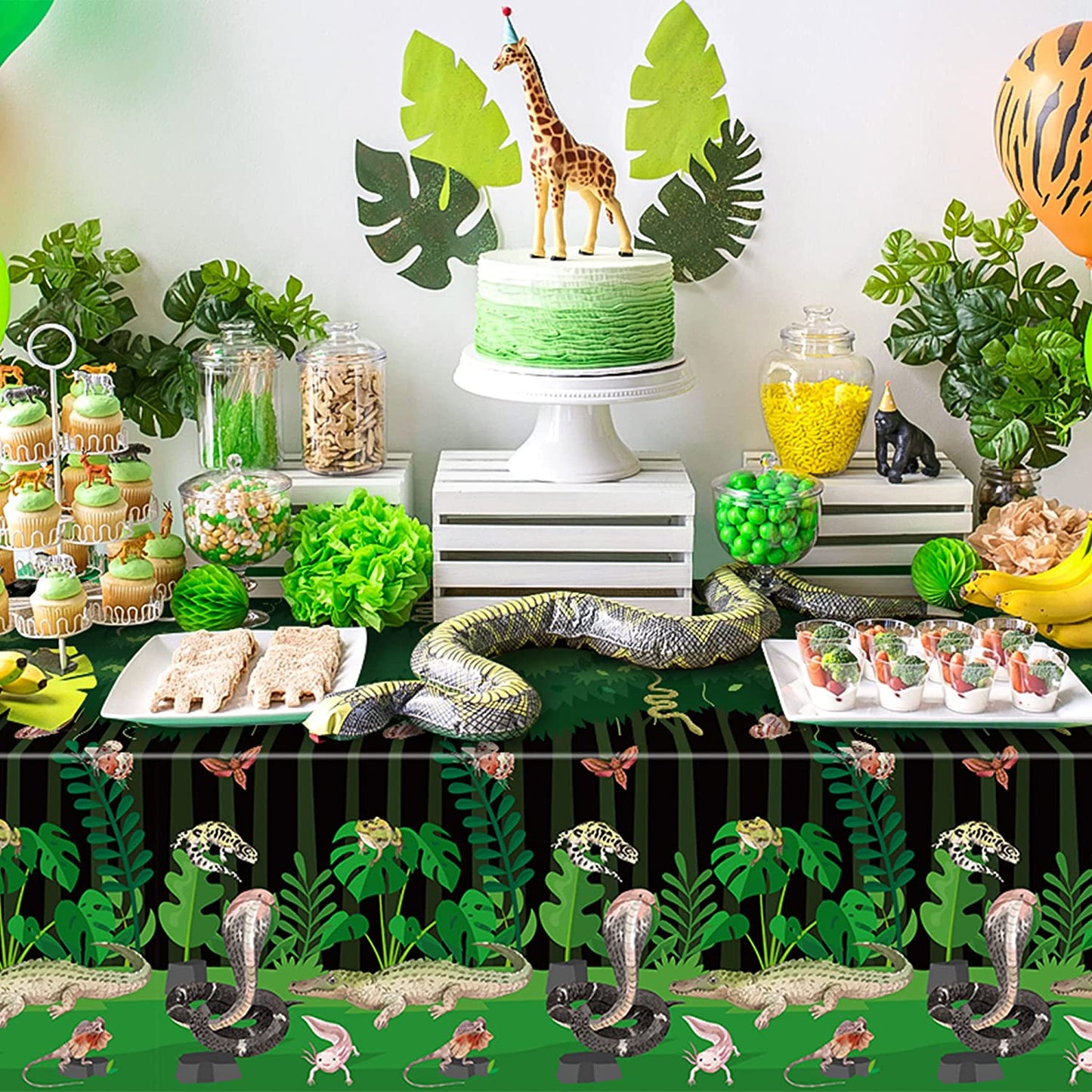 BkeeCten 3Pack Reptile Swamp Party Tablecloth Disposable Wildlife Lizard Snake Rectangle Tablecover Alligator Turtle Jungle Animal Plastic Table Cloth Decoration for Reptile Birthday Supply 54” x 108”