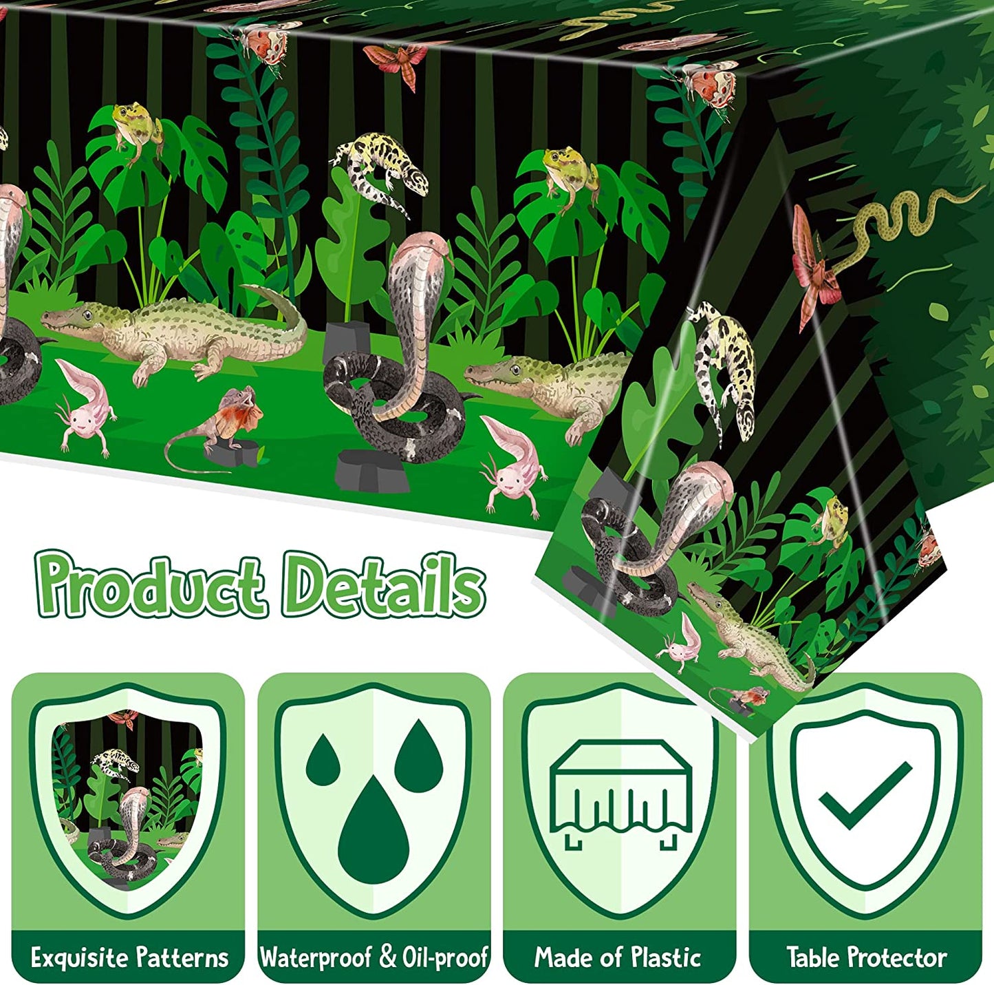 BkeeCten 3Pack Reptile Swamp Party Tablecloth Disposable Wildlife Lizard Snake Rectangle Tablecover Alligator Turtle Jungle Animal Plastic Table Cloth Decoration for Reptile Birthday Supply 54” x 108”