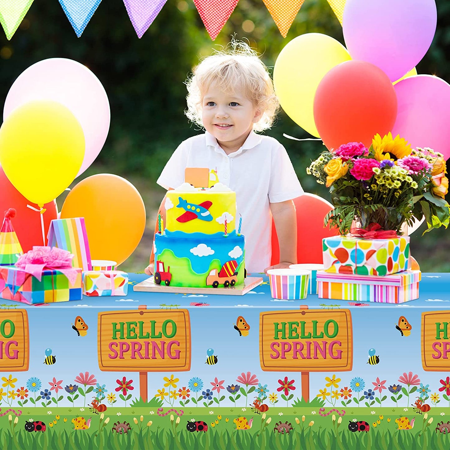 BkeeCten 3 Packs Hello Spring Party Table Covers Decorations Spring Floral Plastic Table Cloths Disposable Waterproof Rectangle Tablecover for Spring Easter Party Kitchen Dinner Table Decor Supplies