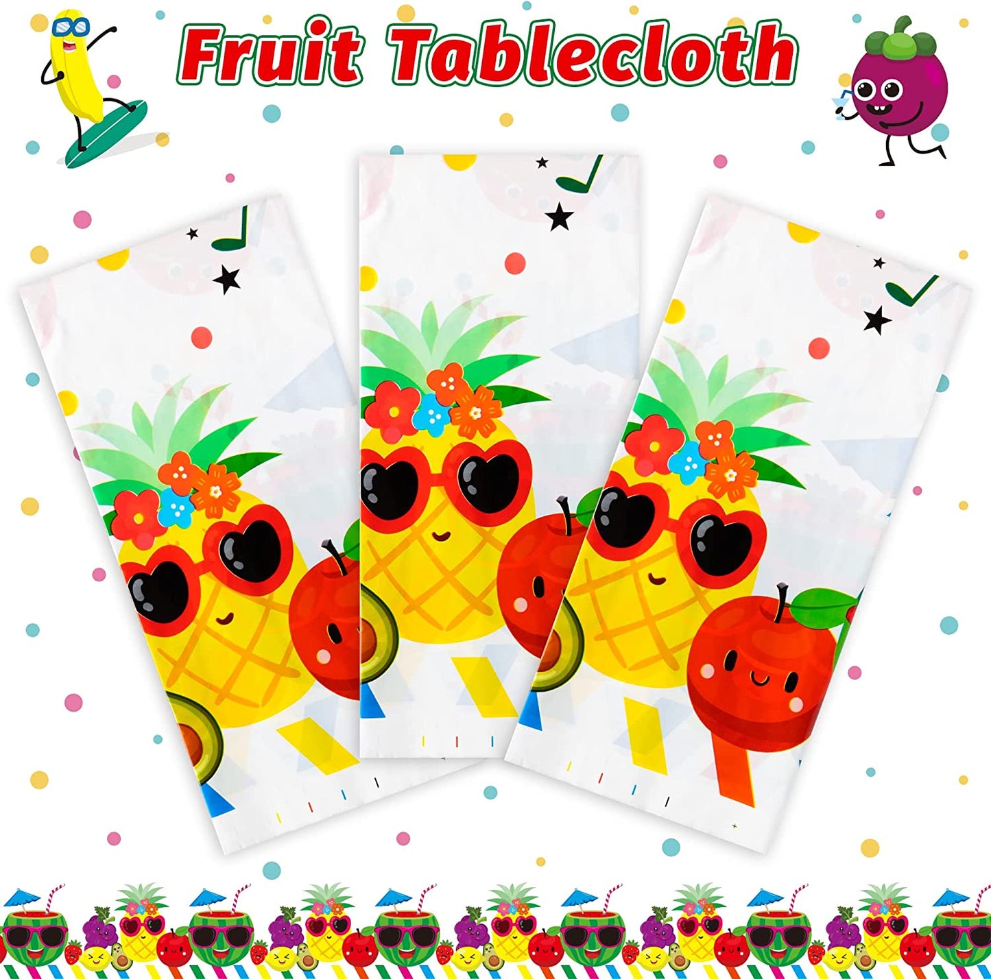 BkeeCten 3 Packs Fruit Theme Table Cover Decorations Watermelon Pineapple Disposable Plastic Tablecloths for Kids Birthday Baby Shower Summer Fruit Hawaii Party Decorations Supplies, 54x108 inch