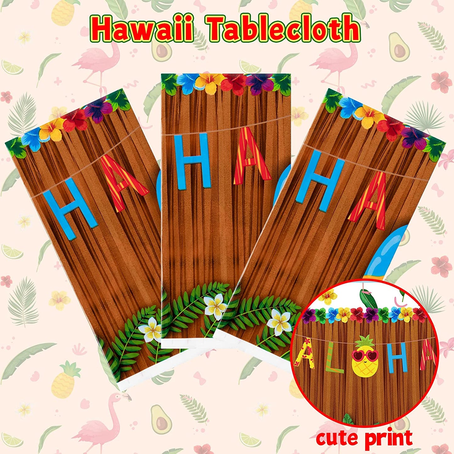BkeeCten 3PCS Hawaiian Luau Tablecloth for Party Decoration, 54×108 Inch Hawaii Disposable Plastic Table Covers Palm Leaves Pineapple Tablecloth for Summer Beach Birthday Tropical Aloha Party Supply