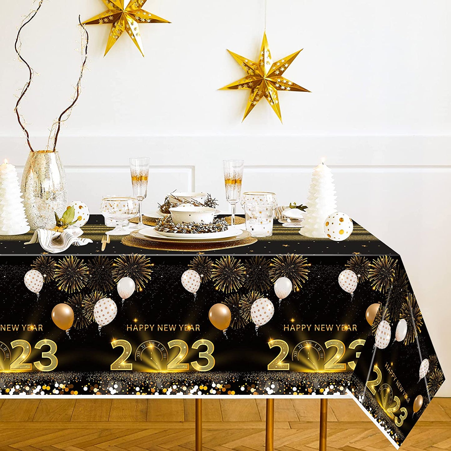 BkeeCten 3Pack 2023 Happy New Year Tablecover New Year Eve Decorations Table Cover Black and Gold Rectangle Disposable Tablecloth for New Year Party Celebration Carnival Party Table Supply, 54x108Inch