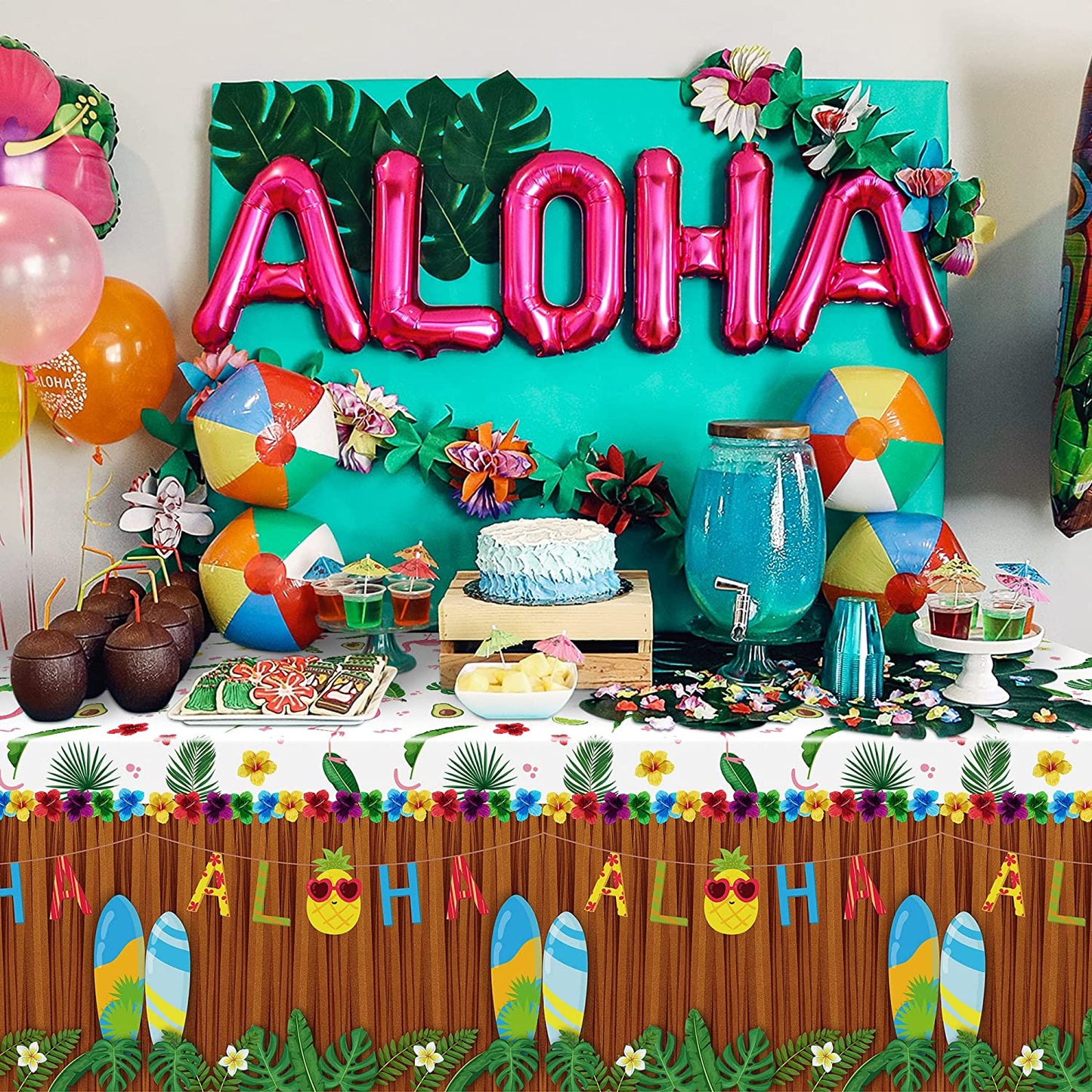 BkeeCten 3PCS Hawaiian Luau Tablecloth for Party Decoration, 54×108 Inch Hawaii Disposable Plastic Table Covers Palm Leaves Pineapple Tablecloth for Summer Beach Birthday Tropical Aloha Party Supply