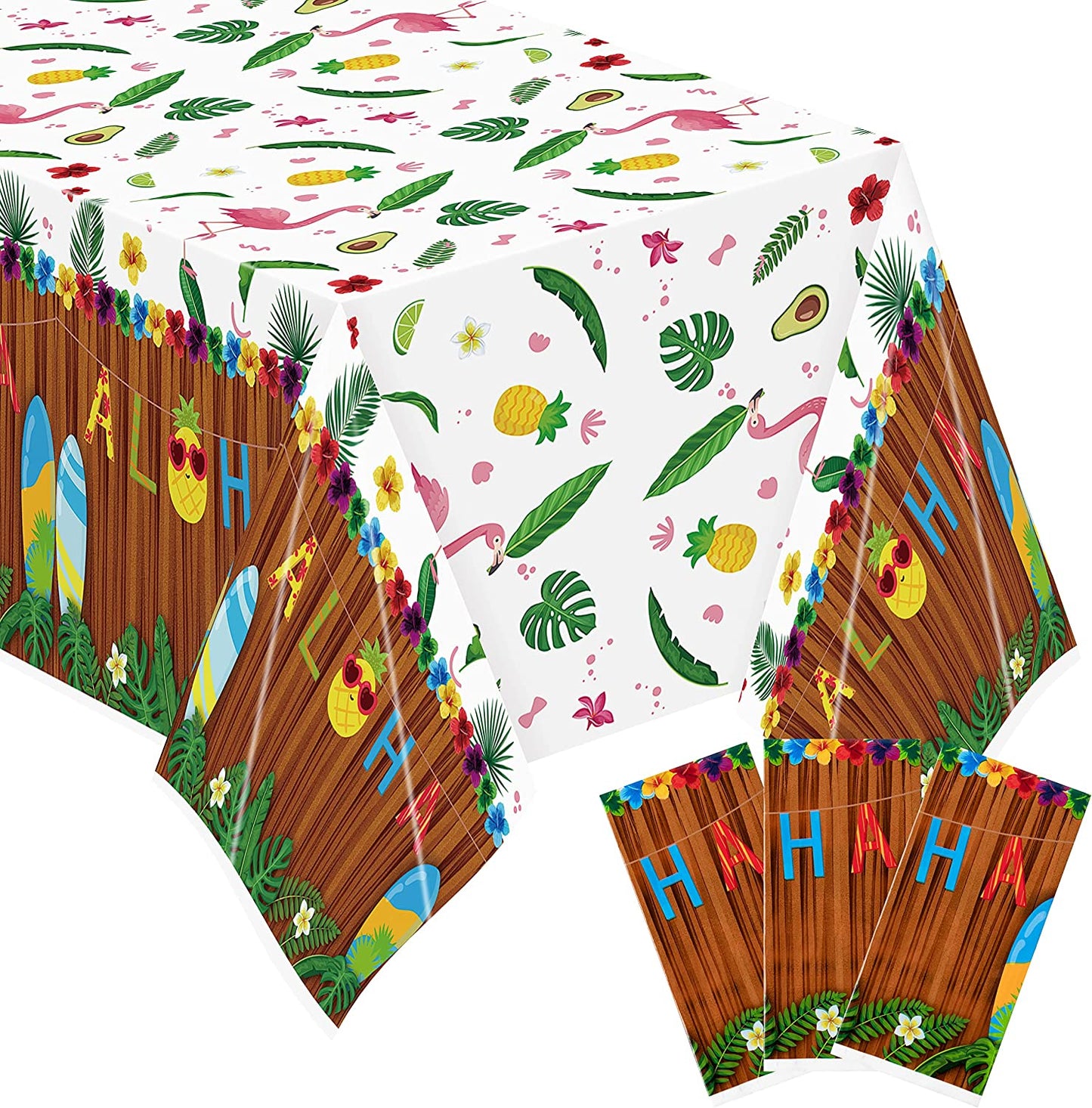BkeeCten 3PCS Hawaiian Luau Tablecloth for Party Decoration, 54×108 Inch Hawaii Disposable Plastic Table Covers Palm Leaves Pineapple Tablecloth for Summer Beach Birthday Tropical Aloha Party Supply