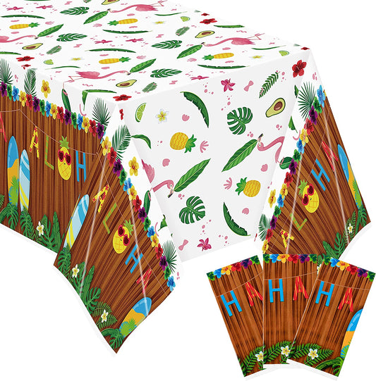 BkeeCten 3PCS Hawaiian Luau Tablecloth for Party Decoration, 54×108 Inch Hawaii Disposable Plastic Table Covers Palm Leaves Pineapple Tablecloth for Summer Beach Birthday Tropical Aloha Party Supply