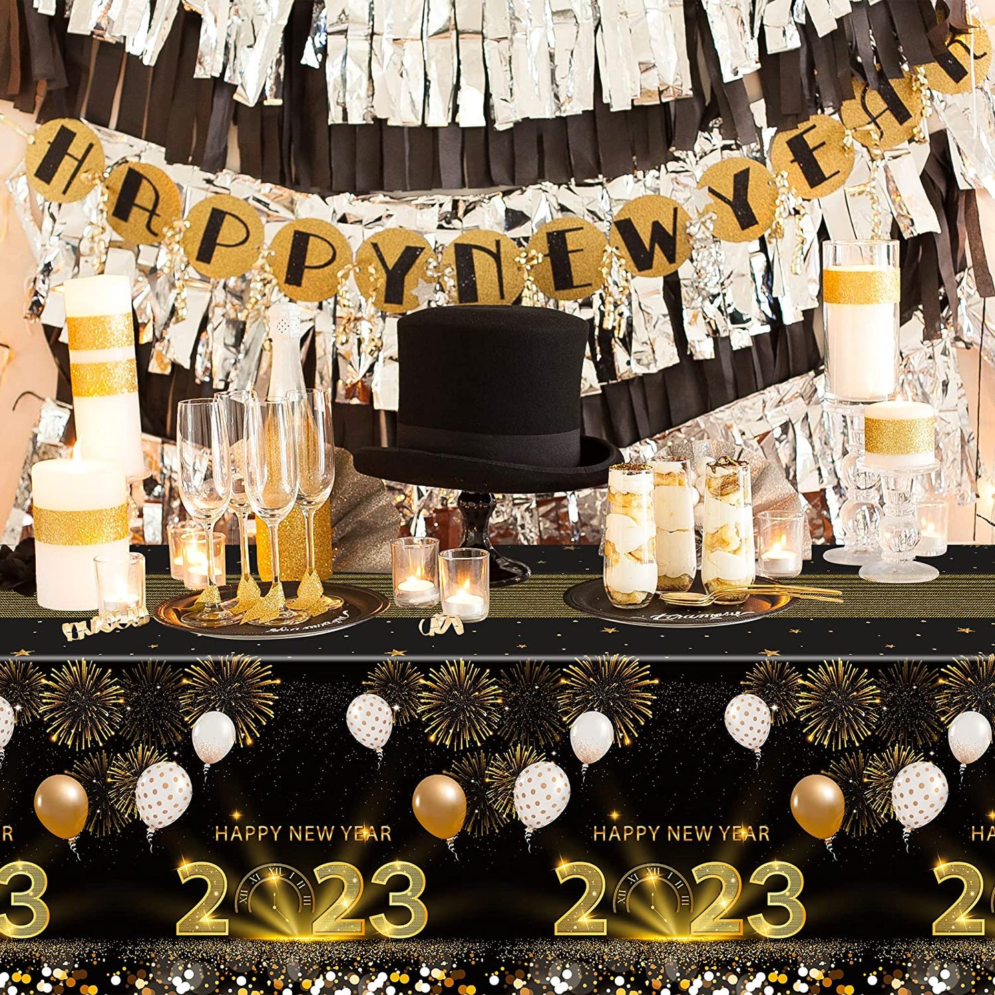 BkeeCten 3Pack 2023 Happy New Year Tablecover New Year Eve Decorations Table Cover Black and Gold Rectangle Disposable Tablecloth for New Year Party Celebration Carnival Party Table Supply, 54x108Inch