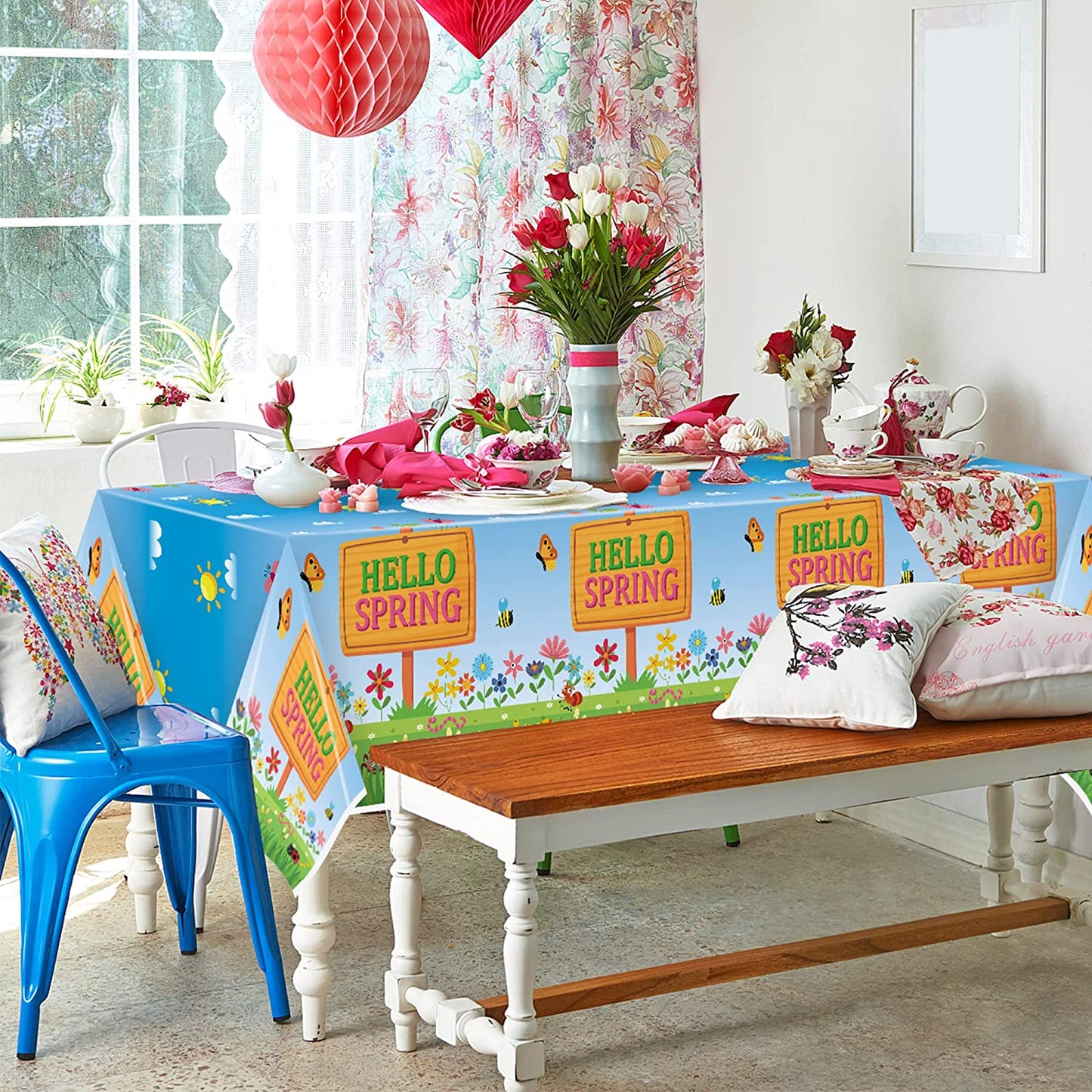 BkeeCten 3 Packs Hello Spring Party Table Covers Decorations Spring Floral Plastic Table Cloths Disposable Waterproof Rectangle Tablecover for Spring Easter Party Kitchen Dinner Table Decor Supplies