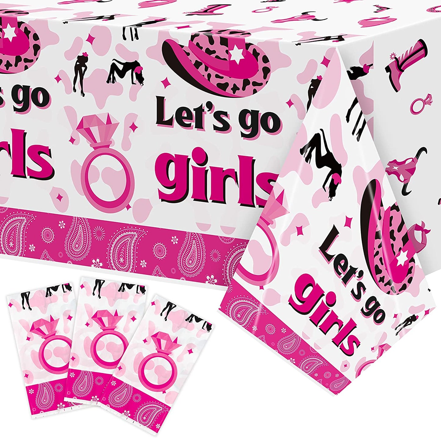 BkeeCten 3 Pack Western Cowgirl Theme Party Tablecover Disposable Let's Go Girls Plastic Tablecloth Pink Horse Tablecloth for Cowgirl Cowboy West Birthday Party Baby Shower Decorations 54x108 Inch
