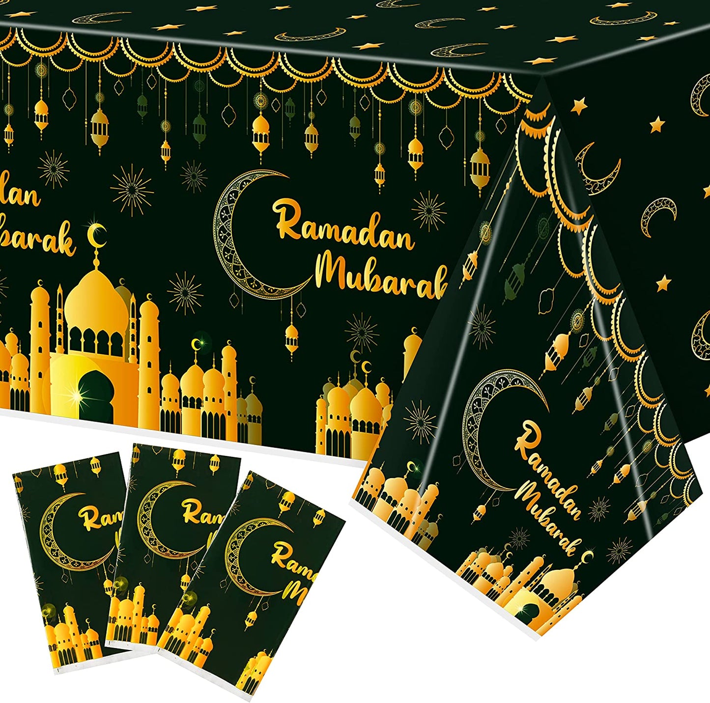BkeeCten 3PCS Ramadan Mubarak Tablecloth Plastic Happy Eid Mubarak Decorations Disposable Table Cloth Moon Star Lantern Rectangle Tablecover for Islamic Ramadan Party Favor Home Kitchen Supplies