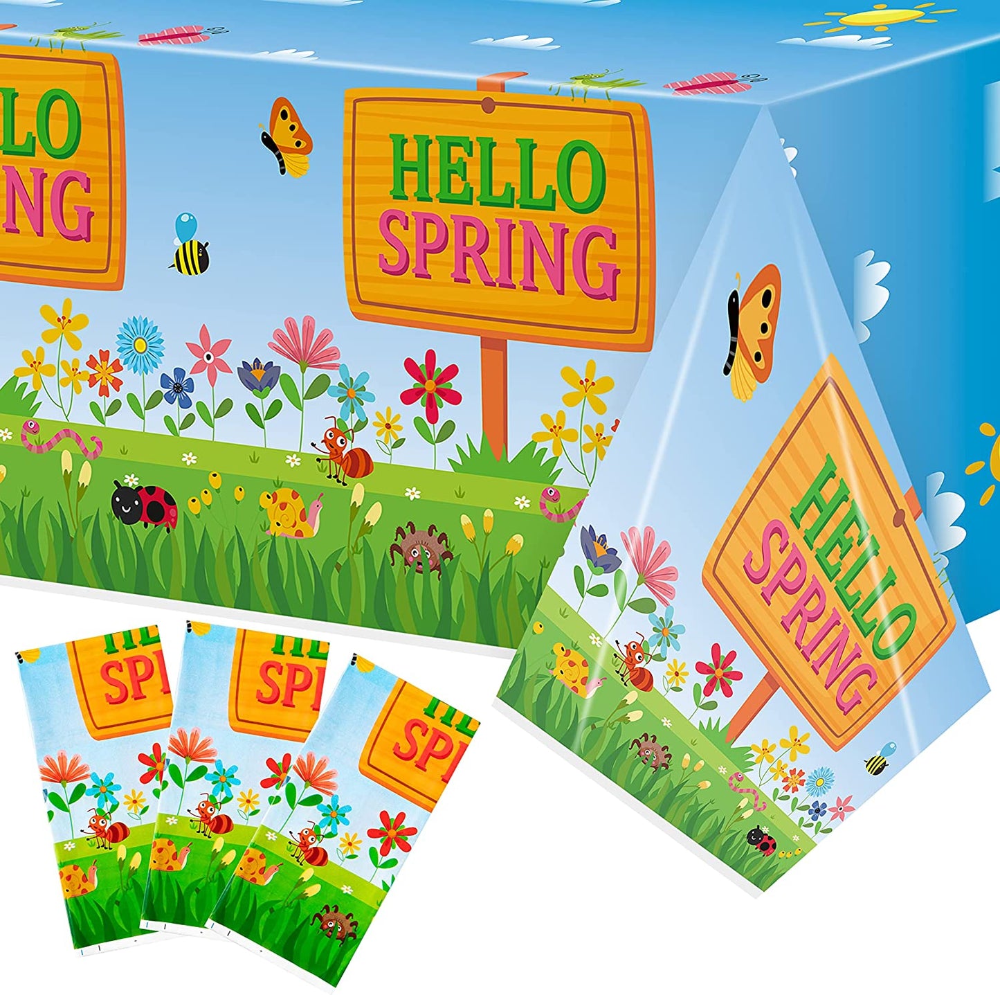 BkeeCten 3 Packs Hello Spring Party Table Covers Decorations Spring Floral Plastic Table Cloths Disposable Waterproof Rectangle Tablecover for Spring Easter Party Kitchen Dinner Table Decor Supplies
