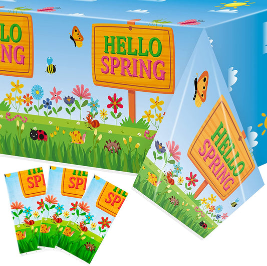 BkeeCten 3 Packs Hello Spring Party Table Covers Decorations Spring Floral Plastic Table Cloths Disposable Waterproof Rectangle Tablecover for Spring Easter Party Kitchen Dinner Table Decor Supplies