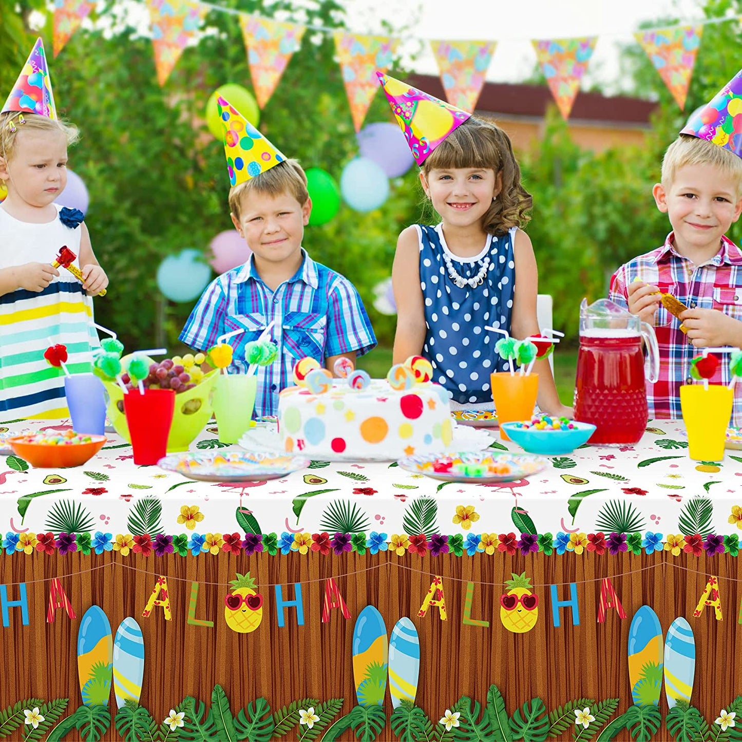 BkeeCten 3PCS Hawaiian Luau Tablecloth for Party Decoration, 54×108 Inch Hawaii Disposable Plastic Table Covers Palm Leaves Pineapple Tablecloth for Summer Beach Birthday Tropical Aloha Party Supply