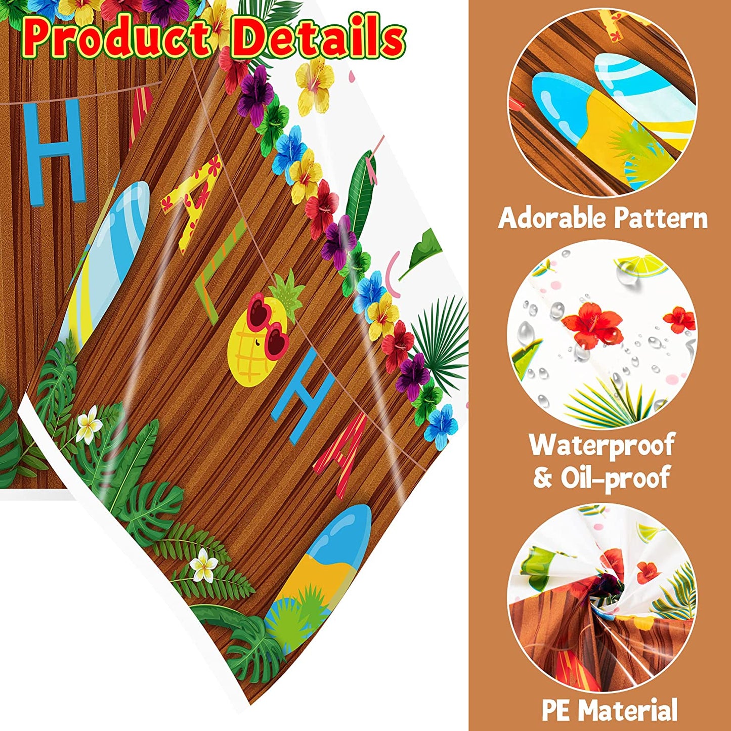 BkeeCten 3PCS Hawaiian Luau Tablecloth for Party Decoration, 54×108 Inch Hawaii Disposable Plastic Table Covers Palm Leaves Pineapple Tablecloth for Summer Beach Birthday Tropical Aloha Party Supply