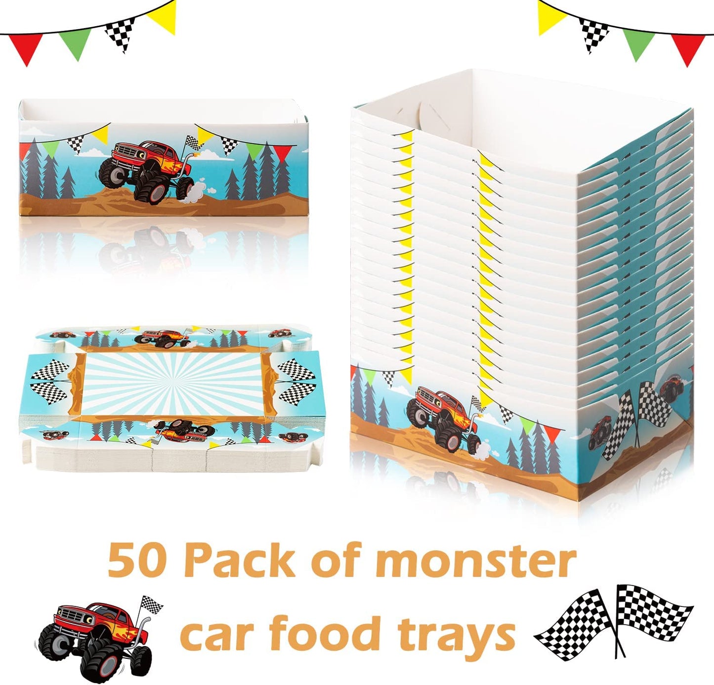 BkeeCten 50PCS Monster Truck Paper Food Trays Party Favors Race Car Paperboard Disposable Paper Food Serving Tray Checkered Flag Nacho Hot Dog Food Trays for Kids Monster Truck Birthday Party Supplies