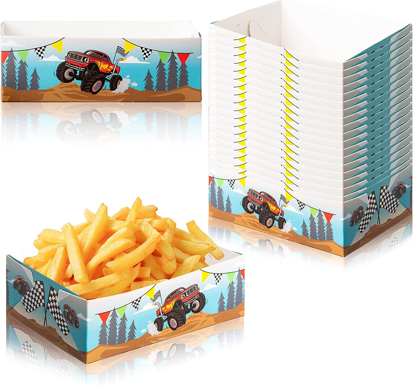 BkeeCten 50PCS Monster Truck Paper Food Trays Party Favors Race Car Paperboard Disposable Paper Food Serving Tray Checkered Flag Nacho Hot Dog Food Trays for Kids Monster Truck Birthday Party Supplies