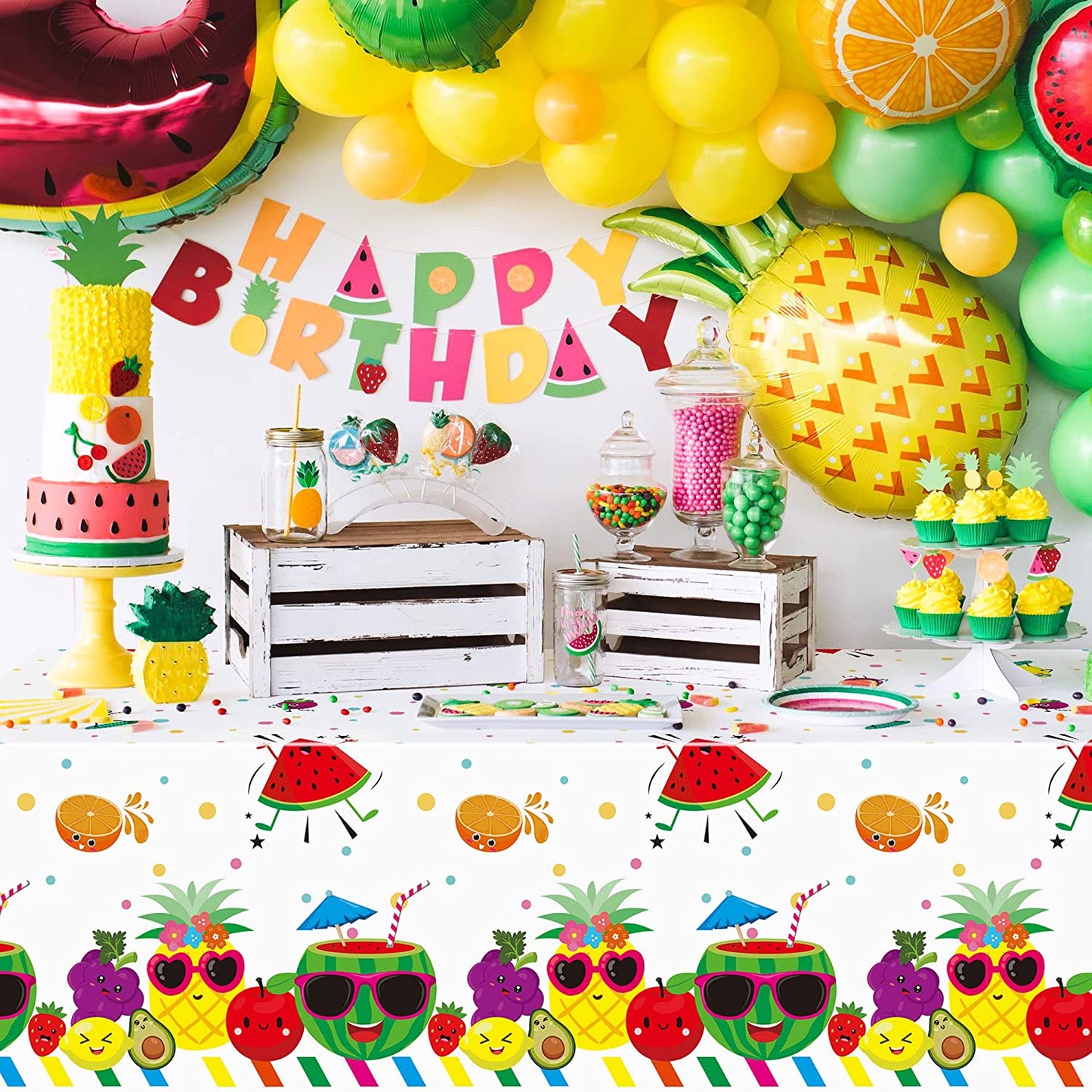 BkeeCten 3 Packs Fruit Theme Table Cover Decorations Watermelon Pineapple Disposable Plastic Tablecloths for Kids Birthday Baby Shower Summer Fruit Hawaii Party Decorations Supplies, 54x108 inch