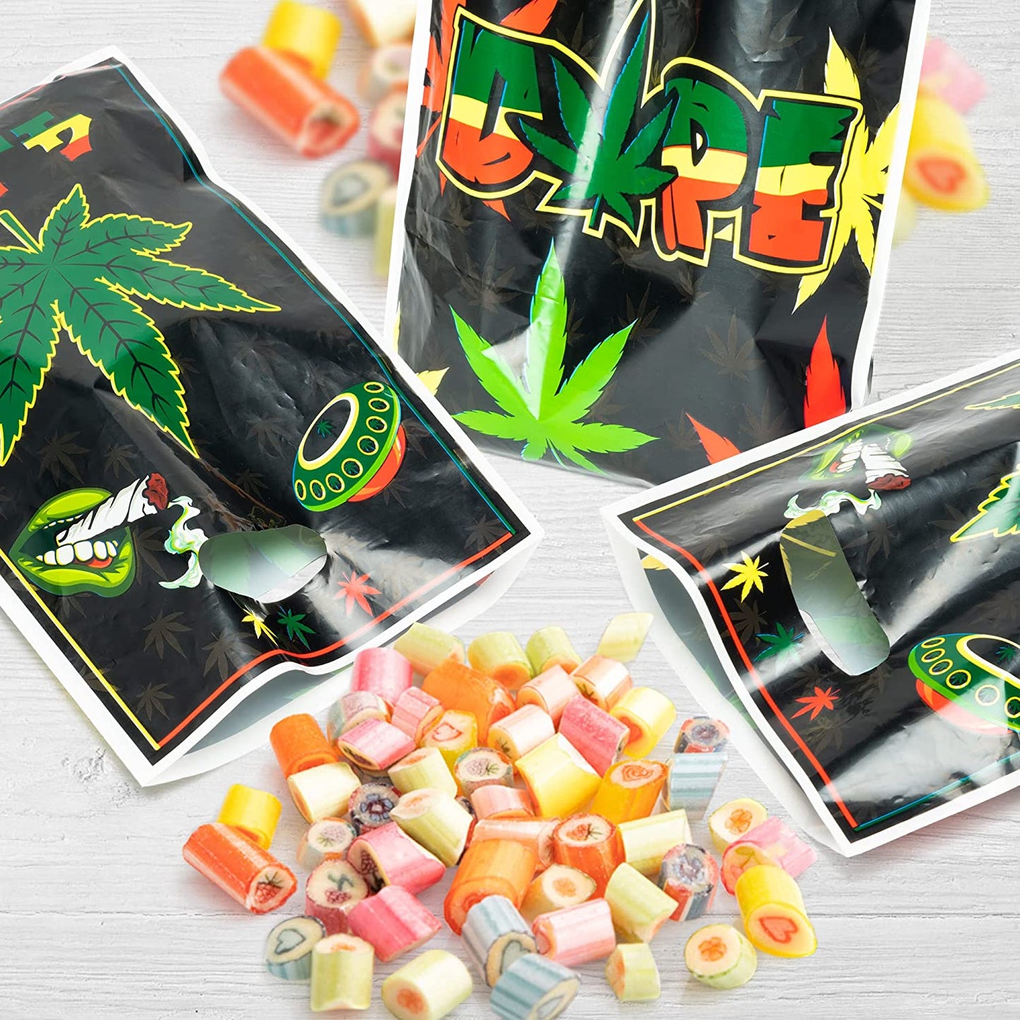 BkeeCten 50PCS Weed Leaves Party Bags with Handle Pot Leaf Theme Plastic Goodie Gift Bag Green Weed Theme Candy Goody Bag Snack Wrapping Bag for 420 Have A Dope Birthday Party Supplies