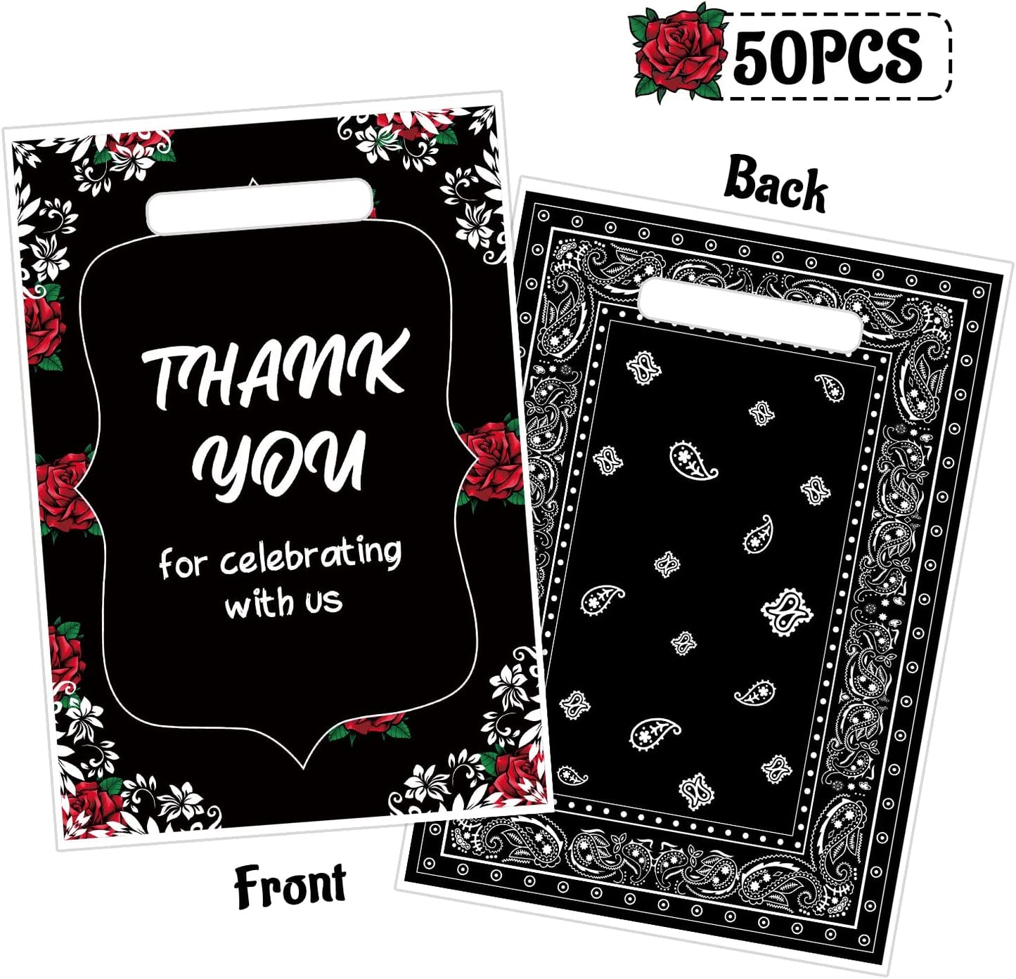 BkeeCten 50PCS Black Bandana Party Favors Bag with Handle Plastic Chicano Thank You Gift Goody Treat Candy Bags Black Western Bandana Return Gift Bags for Old School Cholo Theme Birthday Party Supply