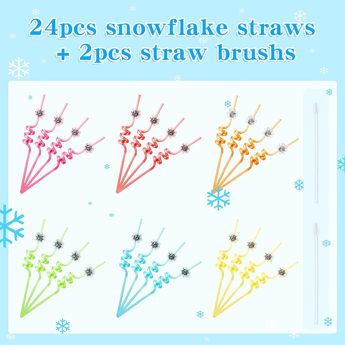 BkeeCten 24PCS Christmas Party Favors Xams Drinking Straws Snowflakes Plastic Reusable Straw with 2 PCS Cleaning Brushes Xmas Gifts for Kids Winter Holiday Birthday Classroom Party Decoration Supplies