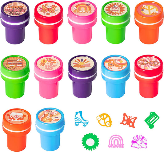 BkeeCten 24PCS Hippie Groovy Assorted Stamps, Colorful Self Inking Stamps Boho Hippie Rainbow Plastic Stamp Teacher Review Stamp for Kids Student School Prizes Hippie Groovy Party Goody Gift Bag Favor