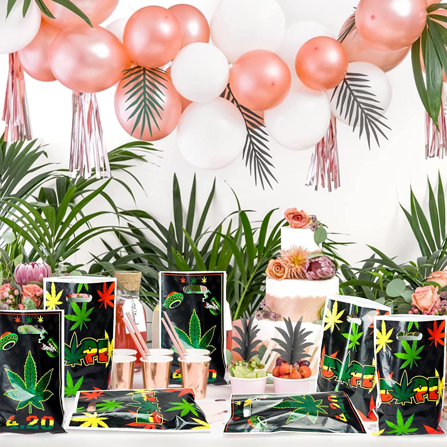 BkeeCten 50PCS Weed Leaves Party Bags with Handle Pot Leaf Theme Plastic Goodie Gift Bag Green Weed Theme Candy Goody Bag Snack Wrapping Bag for 420 Have A Dope Birthday Party Supplies