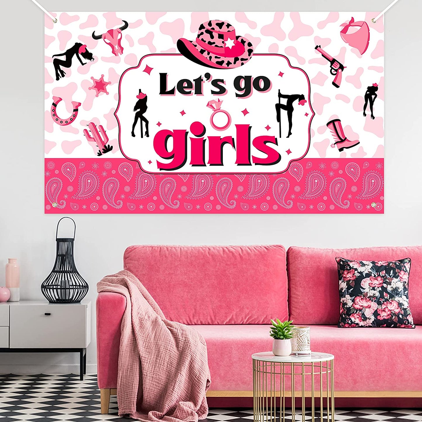 BkeeCten Pink Western Cowgirl Birthday Banner Let’s Go Girls Bachelorette Party Photo Booth Banner Large Fabric Photography Background Banner for Girls Birthday West Cowgirl Cowboy Party Decoration