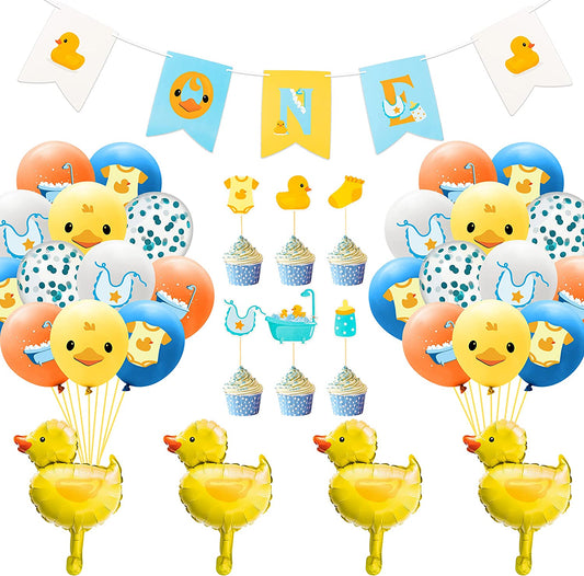BkeeCten 37PCS Yellow Duck Balloon Decoration Kit ONE Hanging Banner 12Inch Blue Yellow White Latex Balloon Yellow Duck Foil Balloons Cake Topper for Kid First Birthday Newborn Baby Shower Party Decor