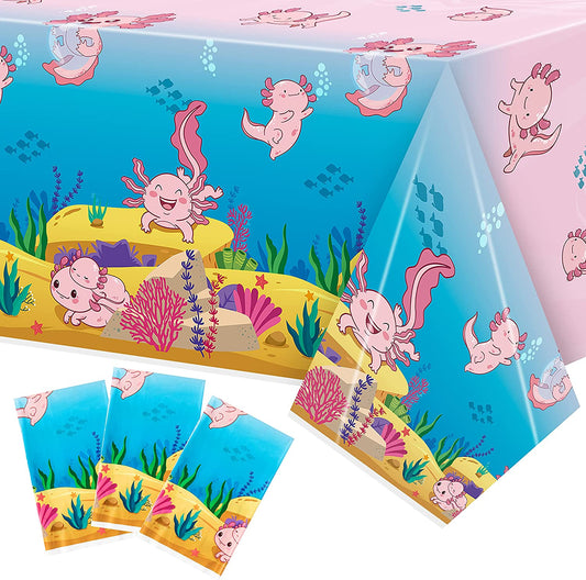 BkeeCten 3Pack Pink Cartoon Axolotl Party Table Cover Reptile Animals Waterproof Disposable Tablecover Plastic Rectangle Tablecloth for Girl Axolotl Birthday Baby Shower Party Supplies, 54x108 inch