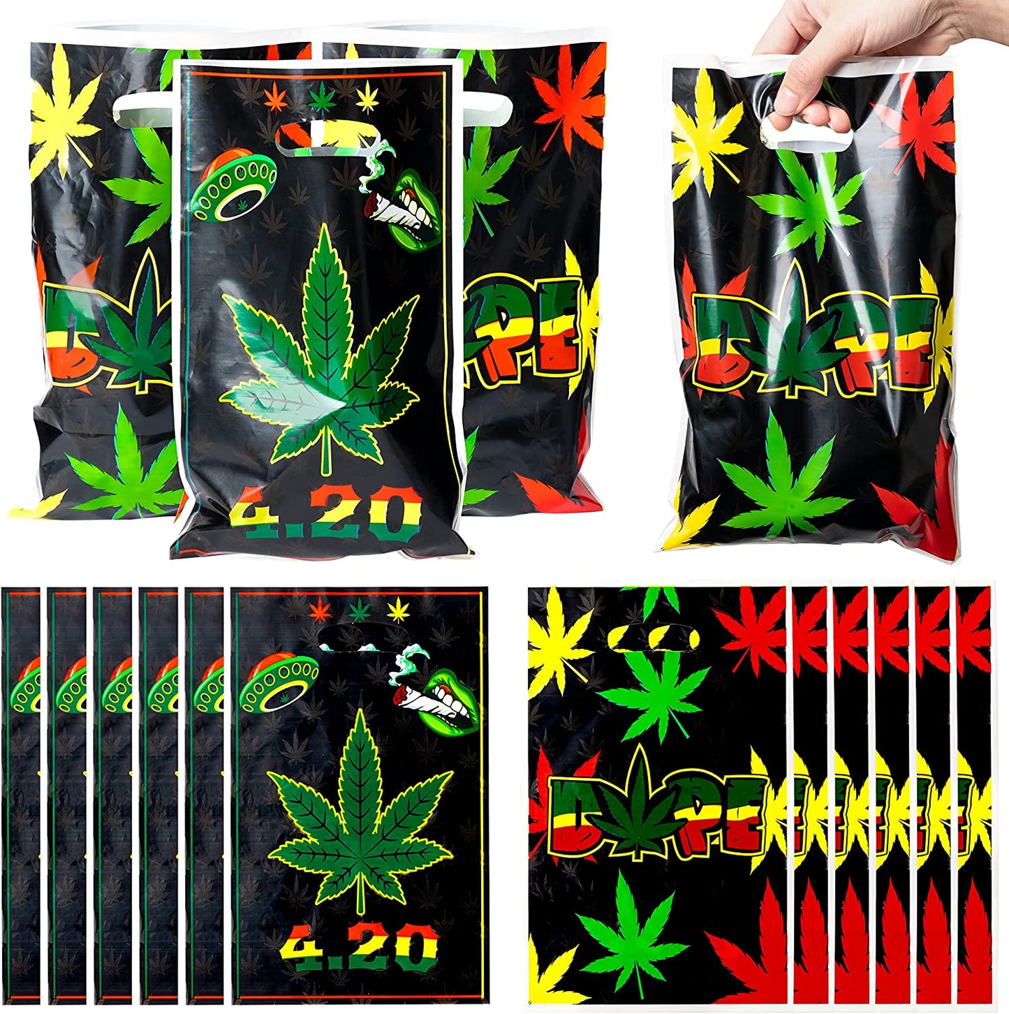 BkeeCten 50PCS Weed Leaves Party Bags with Handle Pot Leaf Theme Plastic Goodie Gift Bag Green Weed Theme Candy Goody Bag Snack Wrapping Bag for 420 Have A Dope Birthday Party Supplies