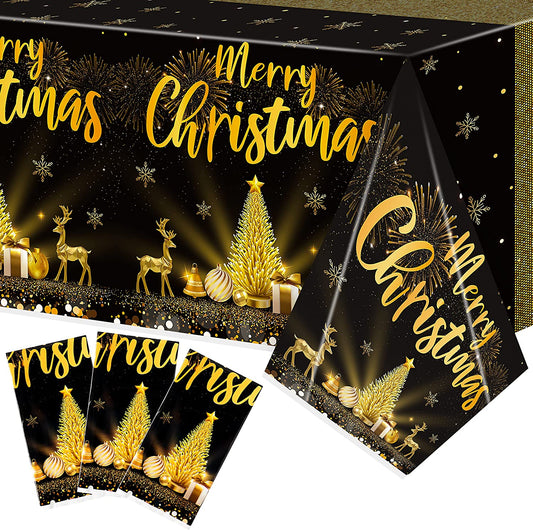 BkeeCten 3Pack Merry Christmas Black and Gold Tablecloths Decorations, Plastic Rectangle Tablecloth Disposable Table Cover for Christmas New Year Winter Holiday Party Table Decor Supplies, 54x108 inch